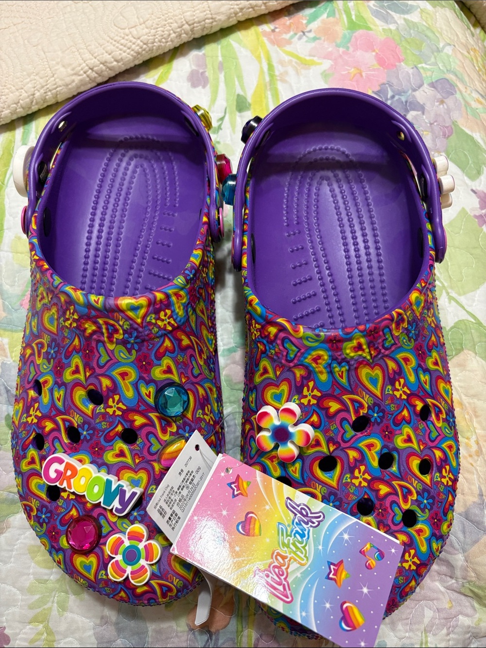 Lisa Frank Purple Heart & Rainbow Flower Clogs Women's size 11, Men's size 13